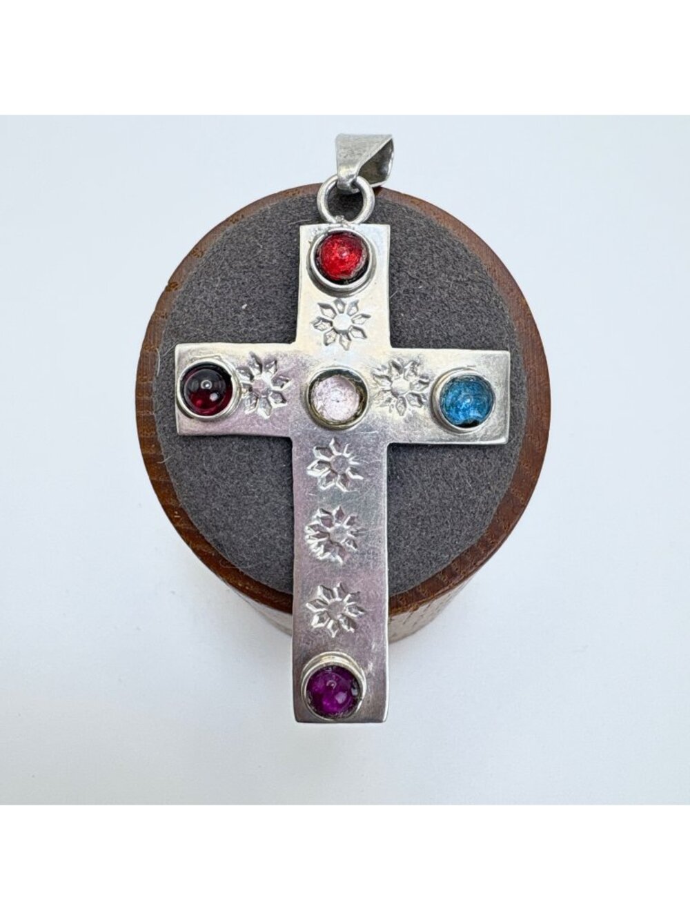 Multi-Gemstone Flower Design Sterling Silver 925 Cross Pendant Size 2.5" Length